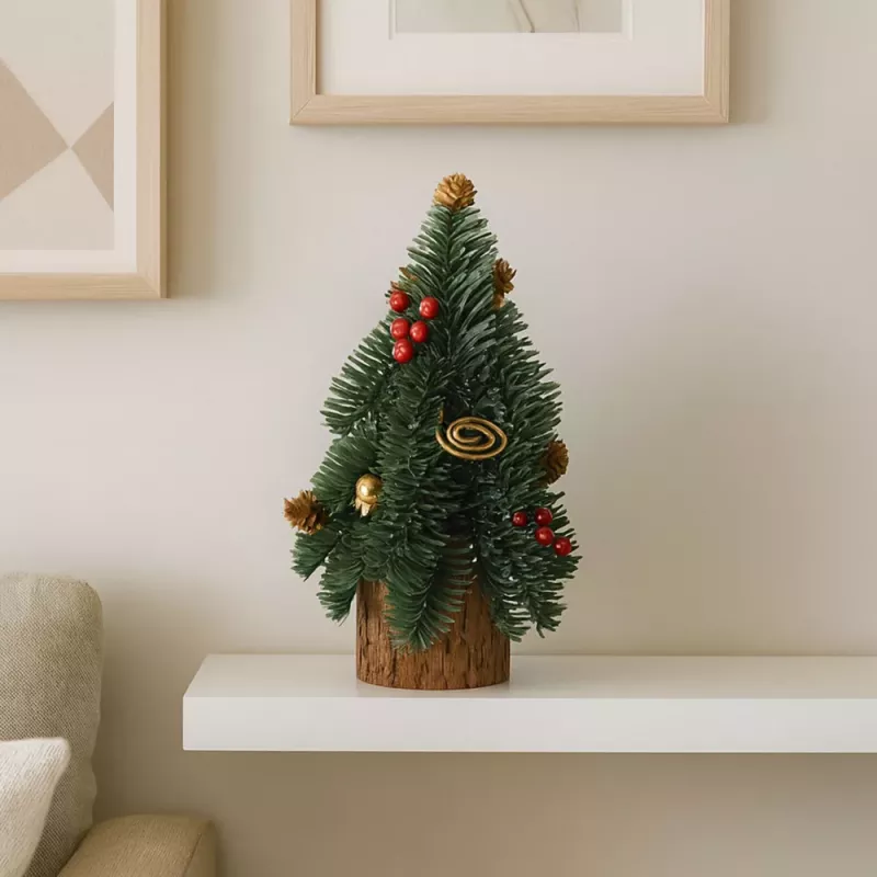 LEAN Dekorativer Weihnachtsbaum auf Stamm mit roten Vogelbeeren und Zapfen 38 x 15 cm