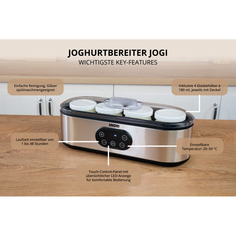 UNOLD 38726 Jogi Joghurtbereiter, 4 x 180 ml Glasbehälter