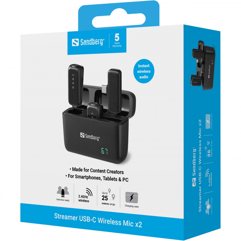 SANDBERG Streamer USB-C Wireless Mic x2 - Dual-Mikrofon-Set - 20 Hz - 20 kHz