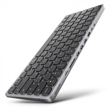 AXAGON HMC-KB-GE USB-C 5Gbps Tastatur mit 9-in-1-Hub, deutsches Layout, HDMI 4K, Gigabit Ethernet, 100W PD, Kartenleser, Schwarz