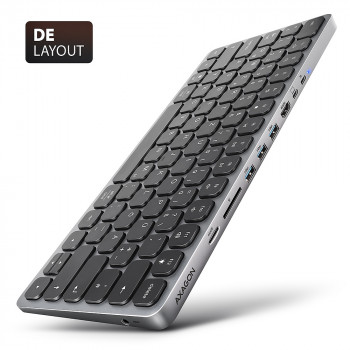AXAGON HMC-KB-GE USB-C 5Gbps Tastatur mit 9-in-1-Hub, deutsches Layout, HDMI 4K, Gigabit Ethernet, 100W PD, Kartenleser, Schwarz