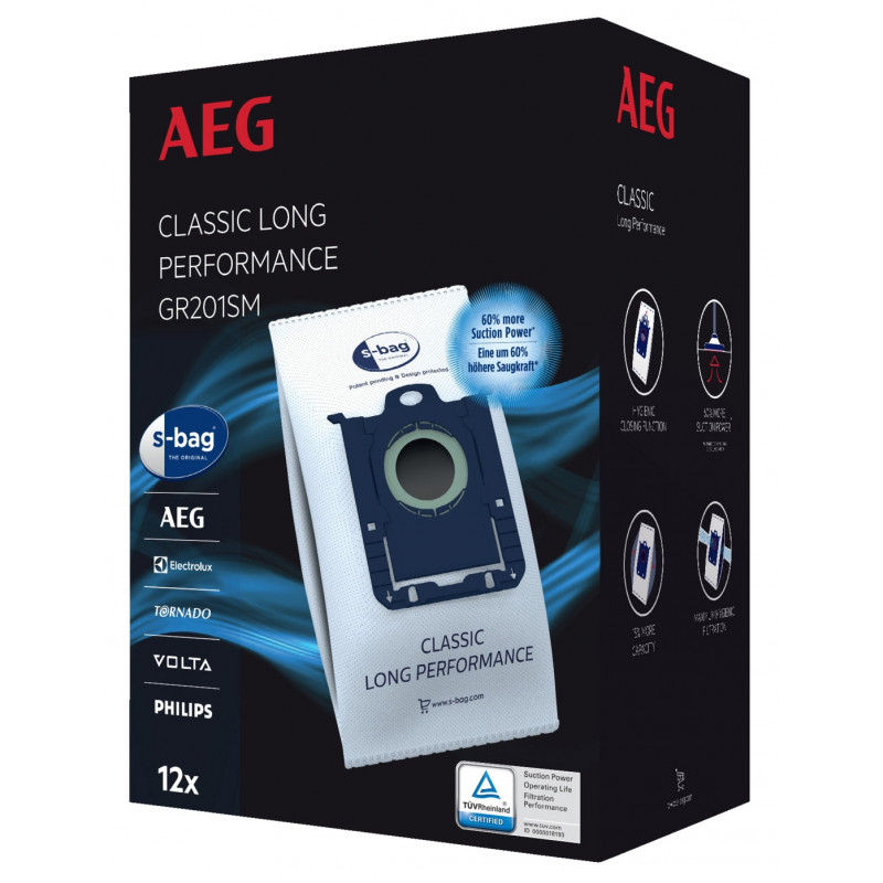 AEG GR201SM s-bag Classic Long Performance Staubsaugerbeutel, 8er-Pack, Blau/Weiß, für VX4 Serie 900 168 824