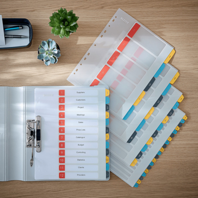 Leitz 12400000 Zahlenregister, A4, 10 Registerlaschen, Polypropylen, graue Laschen, transparenter Körper, Universal-Lochung
