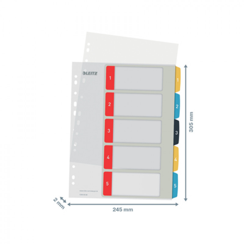 Leitz 12400000 Zahlenregister, A4, 10 Registerlaschen, Polypropylen, graue Laschen, transparenter Körper, Universal-Lochung