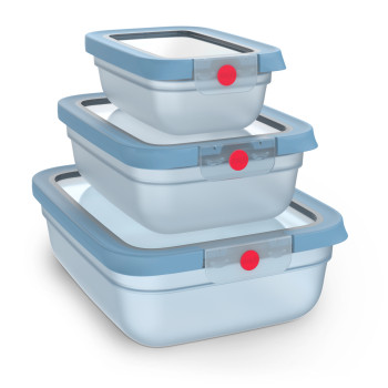 EMSA ONECLICK Aufbewahrungsbehälter-Set, 3 Teile, 0,5/1,2/2,3 L, blaue Deckel, transparente Behälter 3110601764