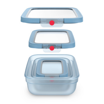 EMSA ONECLICK Aufbewahrungsbehälter-Set, 3 Teile, 0,5/1,2/2,3 L, blaue Deckel, transparente Behälter 3110601764