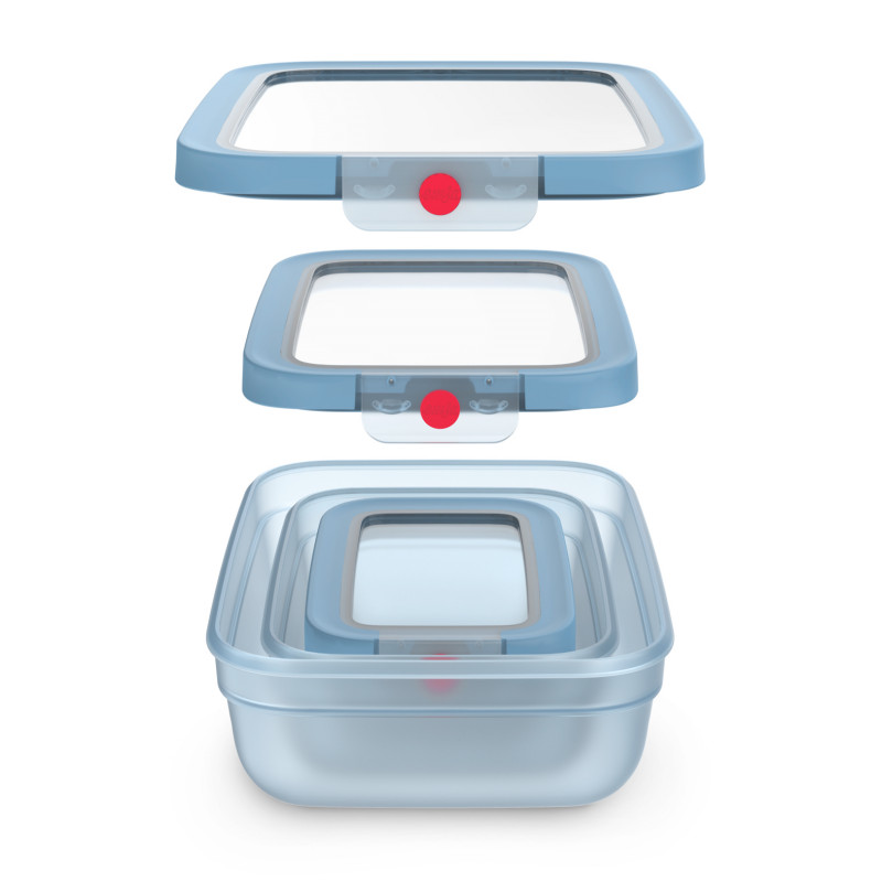 EMSA ONECLICK Aufbewahrungsbehälter-Set, 3 Teile, 0,5/1,2/2,3 L, blaue Deckel, transparente Behälter 3110601764