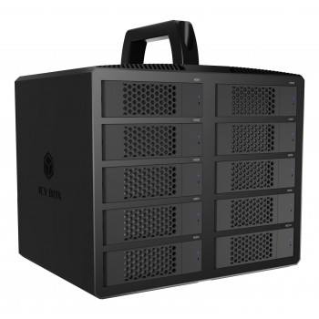 ICY BOX IB-3710-C31 10-Bay USB 3.2 Gen 2 JBOD Gehäuse für 2,5 Zoll/3,5 Zoll SATA HDD/SSD, Single Mode, USB-C zu C Kabel, 200 W Netzteil, Schwarz