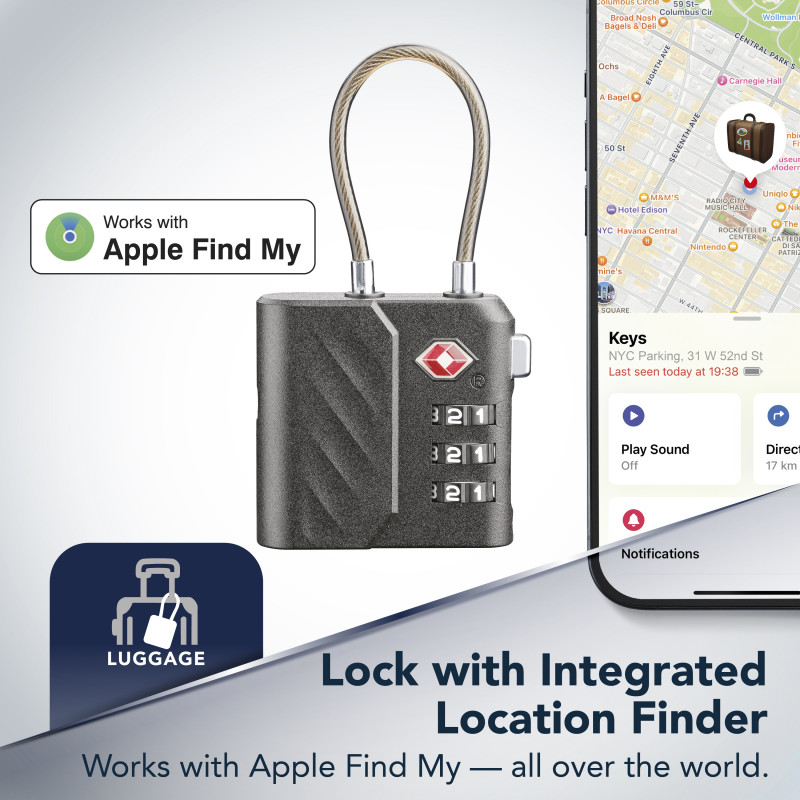 Cellularline TRACY LOCK Smart-Vorhängeschloss mit Bluetooth-Tracker via Apple Find My, Schwarz 61302