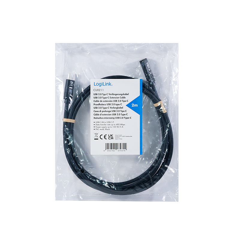 LogiLink CU0211 USB-C Verlängerungskabel 100W 2m Schwarz