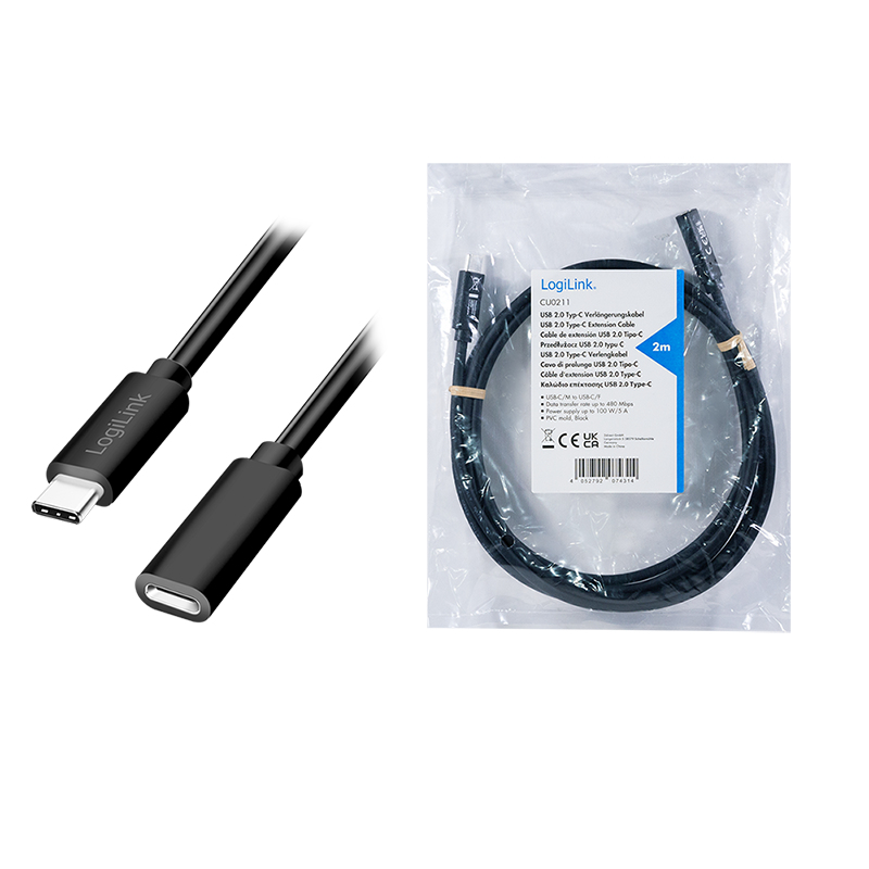 LogiLink CU0211 USB-C Verlängerungskabel 100W 2m Schwarz