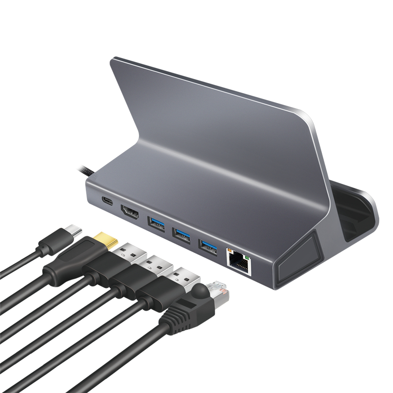 LogiLink UA0408 USB-C Dockingstation mit Tablet-Ständer, HDMI 4K@60Hz, 100W PD, Gigabit Ethernet, Silber