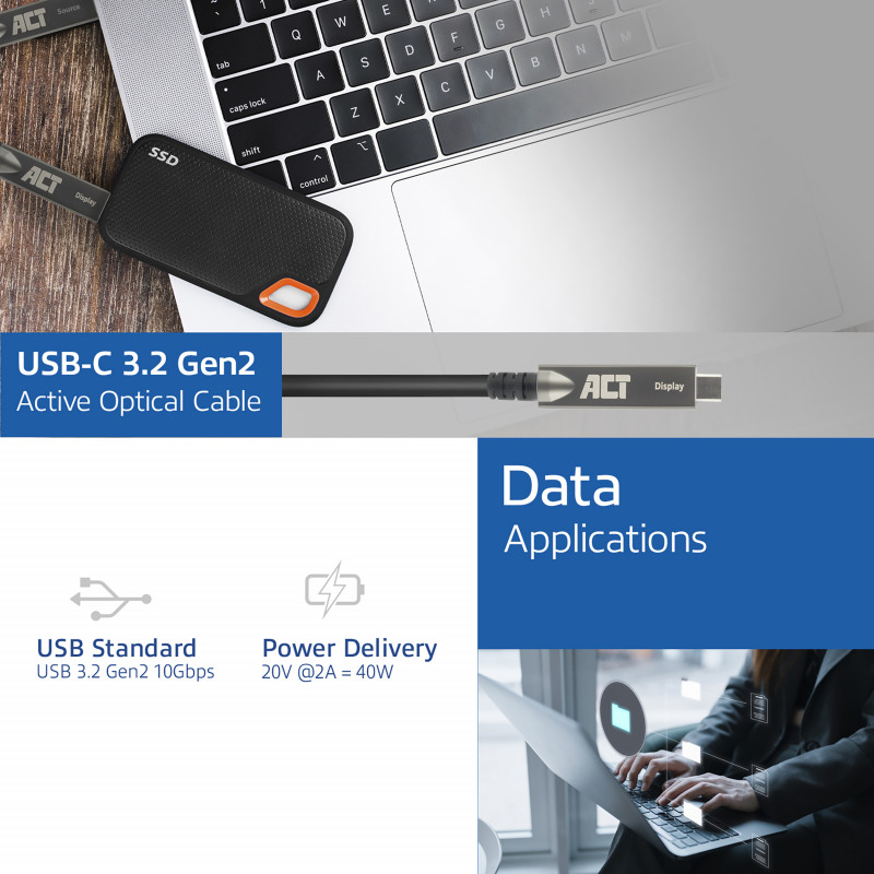 ACT USB-C 3.2 Gen2 Active Optical Cable (AOC), für Touchpanels, Video, Daten, Strom, 15m (AK4335)