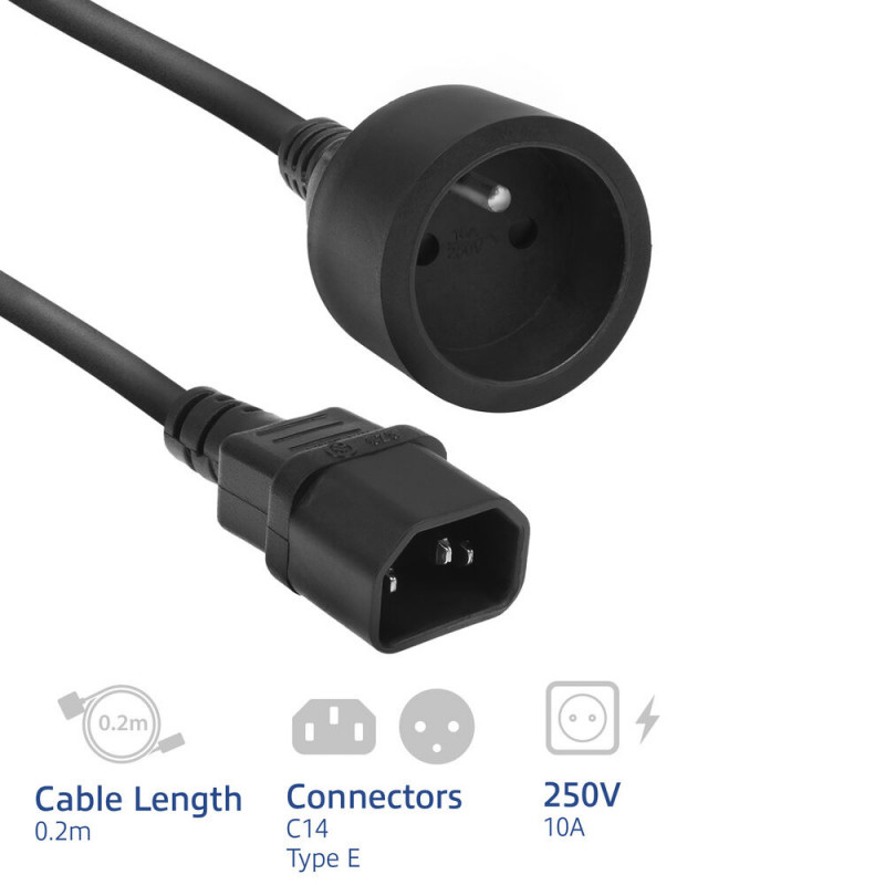 ACT Netzkabel C14 auf Typ E Buchse 0,2m Schwarz 10A AK5385