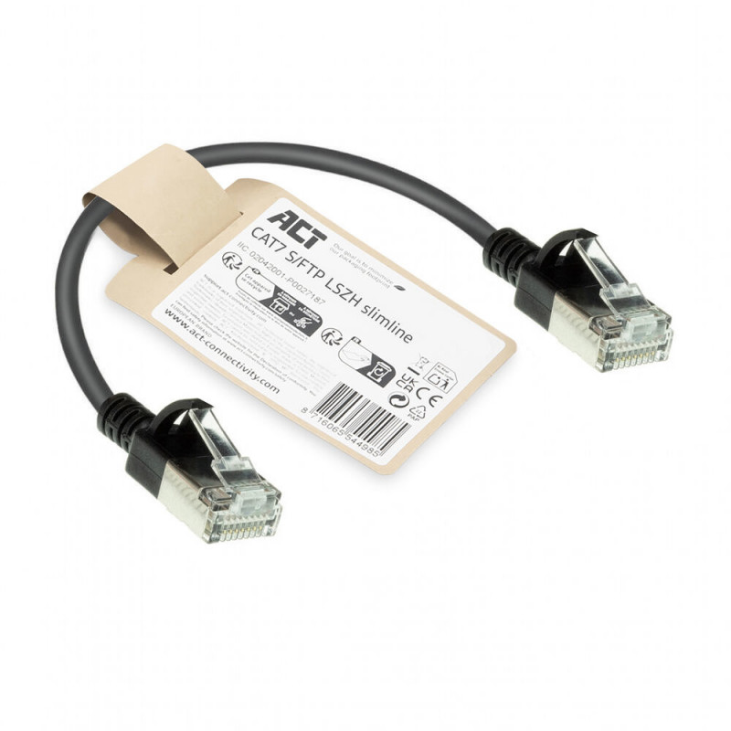 ACT Schwarz 0,25m LSZH S/FTP CAT7 Slimline Patchkabel Snagless mit RJ45 Steckern (DF7952)