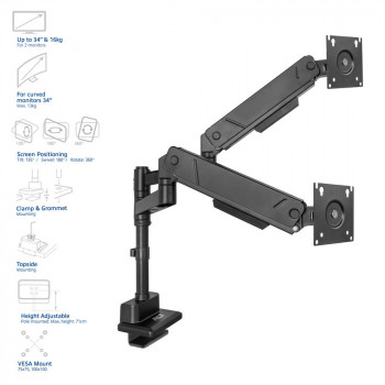 ACT AC8330 Office Solid Pro Dual-Monitorarm, Gasfeder, Pfostenmontage, bis zu 34"