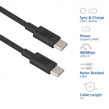 ACT USB 2.0 240W Lade-/Datenkabel USB-C zu USB-C, Schwarz, 1m (AC3086)