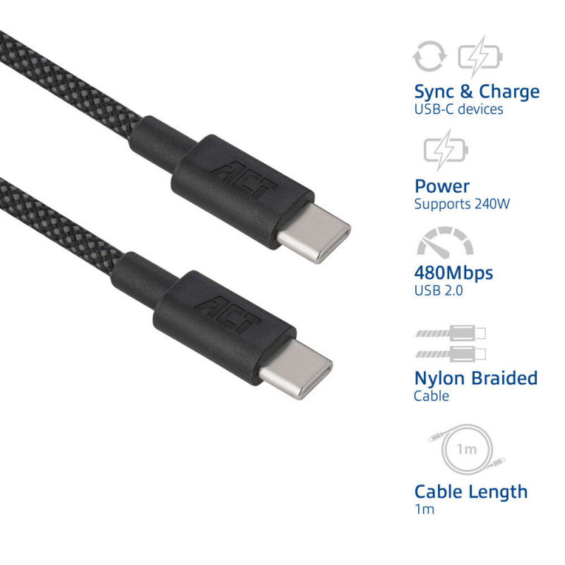 ACT USB 2.0 240W Lade-/Datenkabel USB-C zu USB-C, Schwarz, 1m (AC3086)