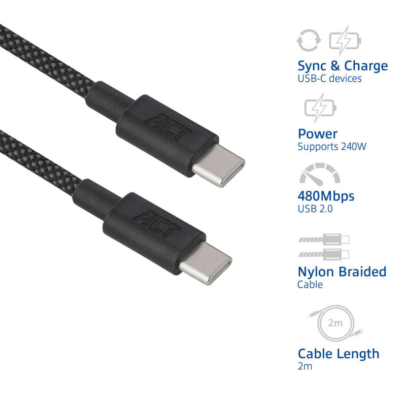 ACT USB 2.0 240W Lade-/Datenkabel USB-C zu USB-C, Schwarz, 2 m (AC3087)