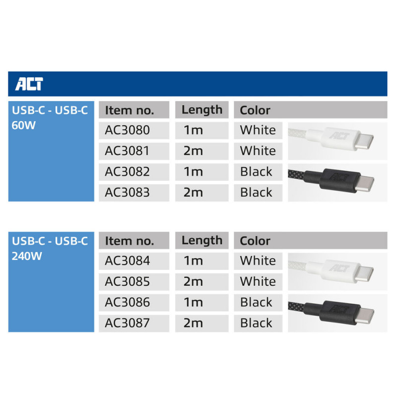 ACT USB 2.0 240W Lade-/Datenkabel USB-C zu USB-C, Schwarz, 2 m (AC3087)
