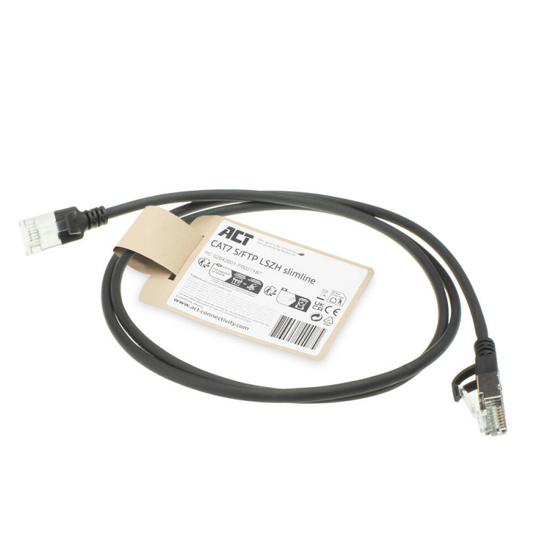 ACT Schwarz 0,5m LSZH S/FTP CAT7 Slimline Patchkabel Snagless mit RJ45-Anschlüssen (DF7900)
