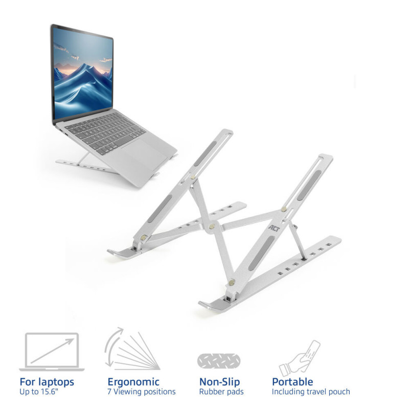 ACT Faltbarer Laptopständer, 7 Positionen höhenverstellbar, Aluminium, Silber, ACT Essentials (AC8121)