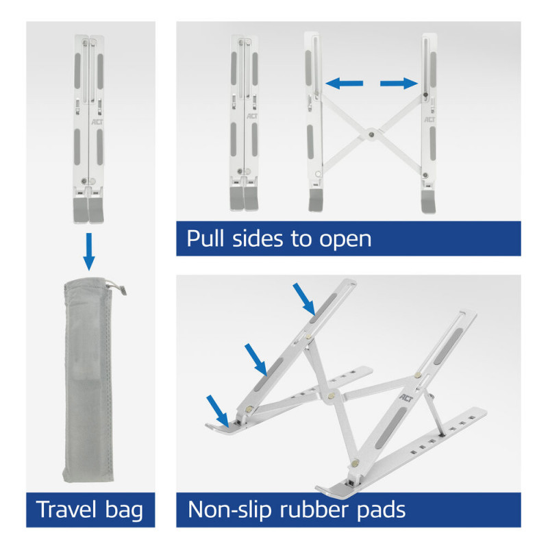 ACT Faltbarer Laptopständer, 7 Positionen höhenverstellbar, Aluminium, Silber, ACT Essentials (AC8121)