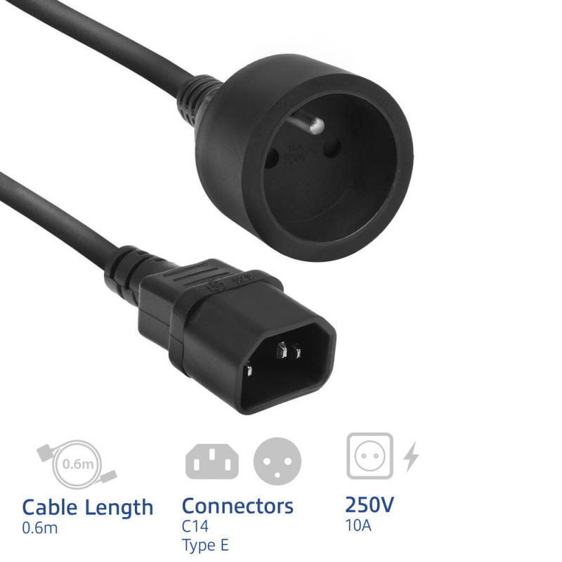 ACT Netzkabel C14 IEC 60320 - Typ E Buchse (max. Strom 10A) schwarz 0,6 m (AK5386)