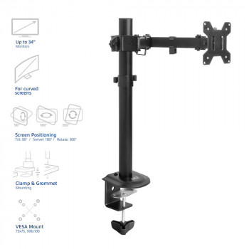 ACT AC8361 Monitorarm für 17-34 Zoll Bildschirme, Gasfeder, Tischklemme & Tülle, VESA 75/100, Schwarz