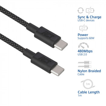 ACT USB 2.0 60W Lade-/Datenkabel USB-C zu USB-C, Schwarz, 1 Meter (AC3082)