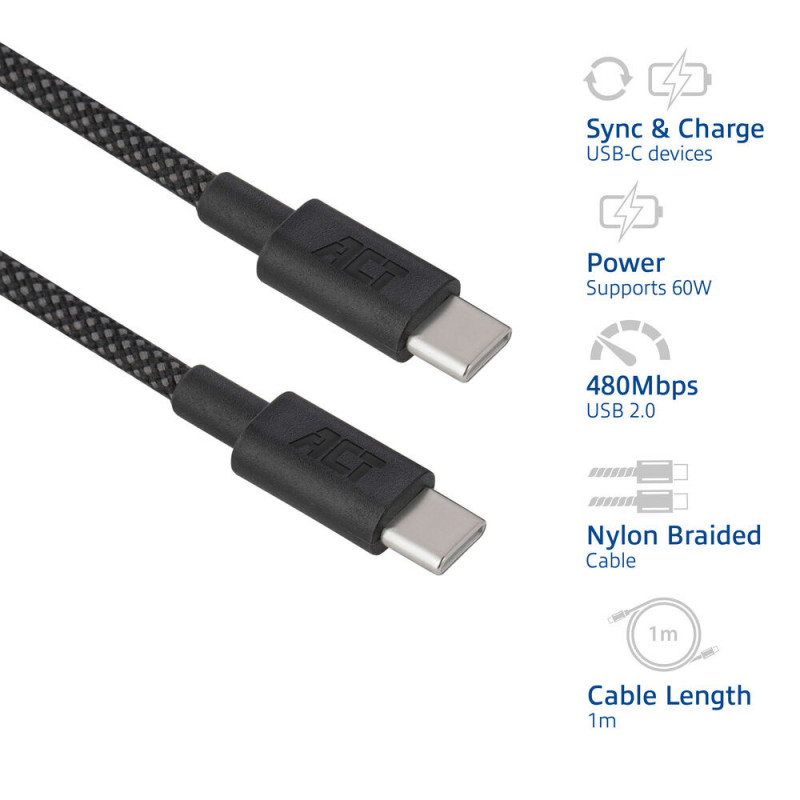 ACT USB 2.0 60W Lade-/Datenkabel USB-C zu USB-C, Schwarz, 1 Meter (AC3082)
