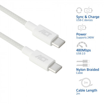 ACT USB 2.0 240W Lade-/Datenkabel USB-C zu USB-C, Weiß, 2m (AC3085)