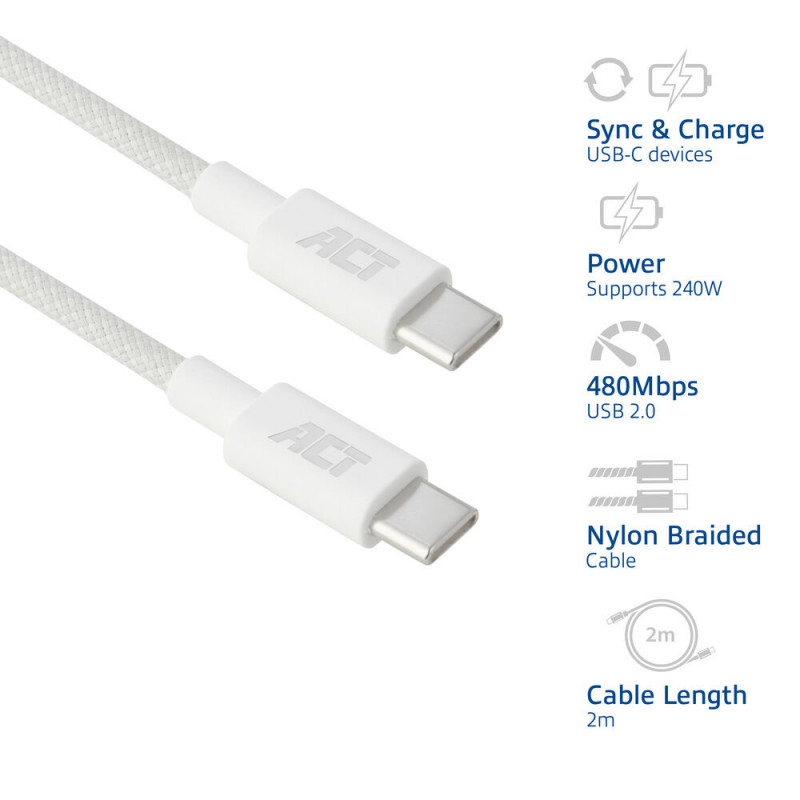 ACT USB 2.0 240W Lade-/Datenkabel USB-C zu USB-C, Weiß, 2m (AC3085)