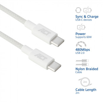 ACT USB 2.0 60W Lade-/Datenkabel USB-C zu USB-C, Weiß, 2 m (AC3081)