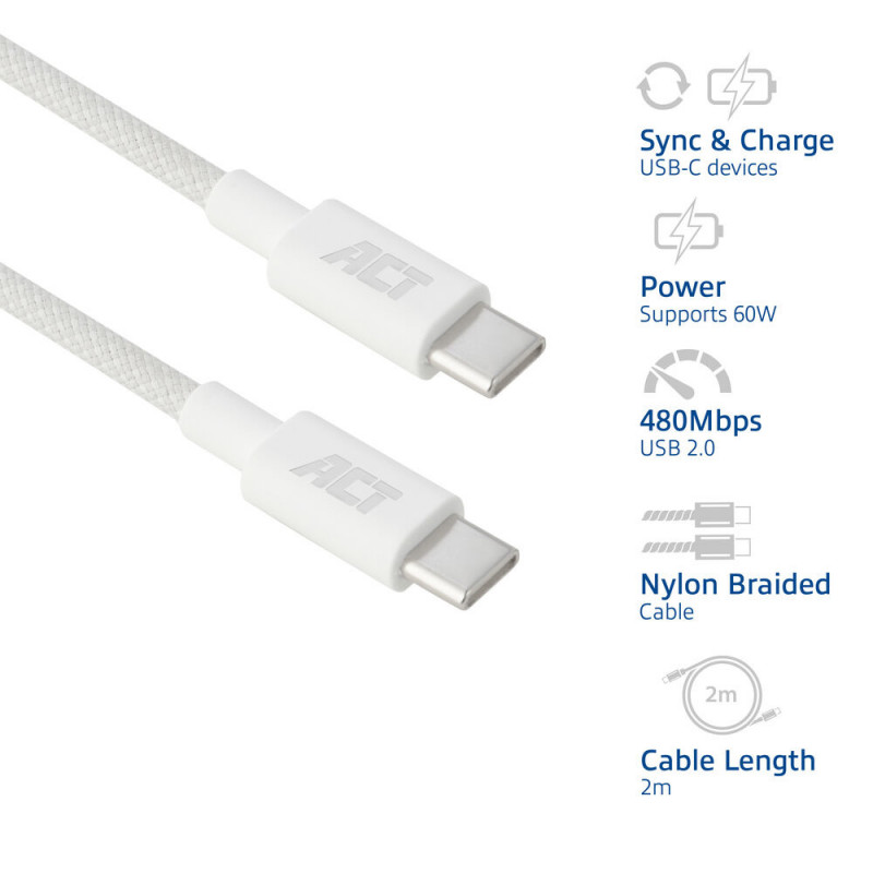 ACT USB 2.0 60W Lade-/Datenkabel USB-C zu USB-C, Weiß, 2 m (AC3081)