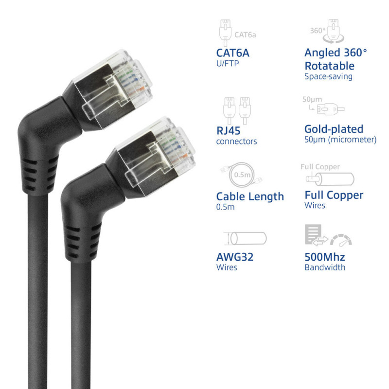 ACT DD1900 Schwarz 0,5m U/FTP CAT6A Slimline Patchkabel mit gewinkelten 360° drehbaren RJ45-Steckern