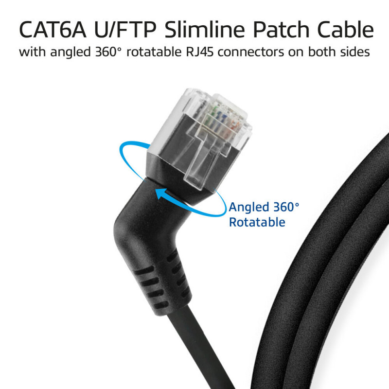 ACT DD1900 Schwarz 0,5m U/FTP CAT6A Slimline Patchkabel mit gewinkelten 360° drehbaren RJ45-Steckern