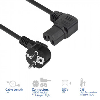 ACT AK5349 Netzkabel Schuko CEE 7/7 Stecker gewinkelt auf IEC C15 Buchse gewinkelt rechts 1m Schwarz