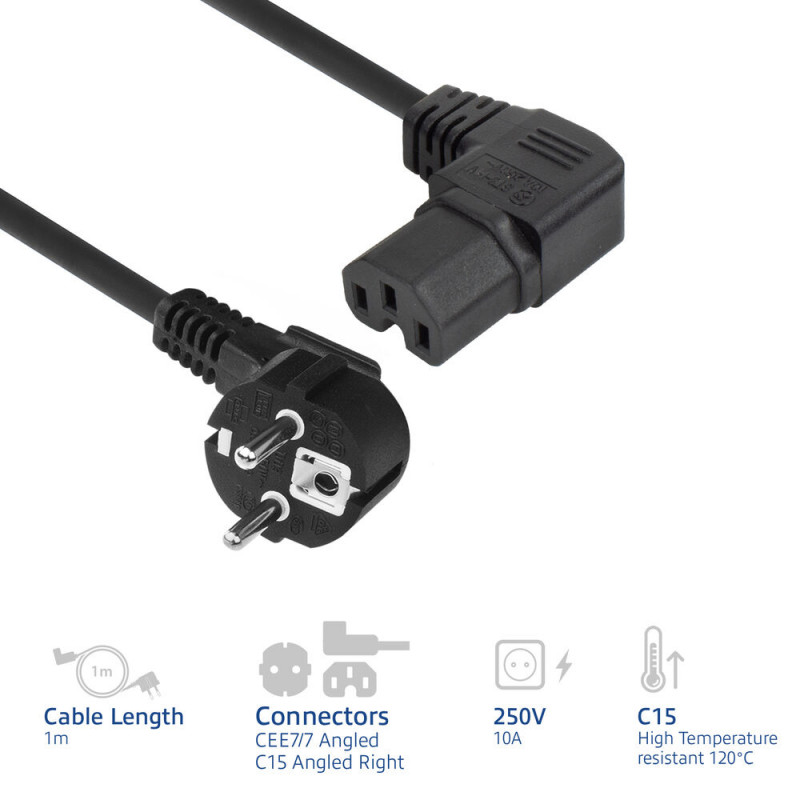 ACT AK5349 Netzkabel Schuko CEE 7/7 Stecker gewinkelt auf IEC C15 Buchse gewinkelt rechts 1m Schwarz