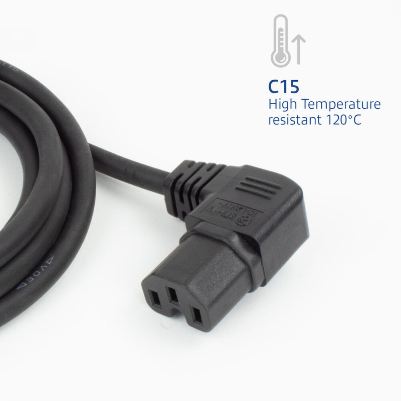 ACT AK5349 Netzkabel Schuko CEE 7/7 Stecker gewinkelt auf IEC C15 Buchse gewinkelt rechts 1m Schwarz
