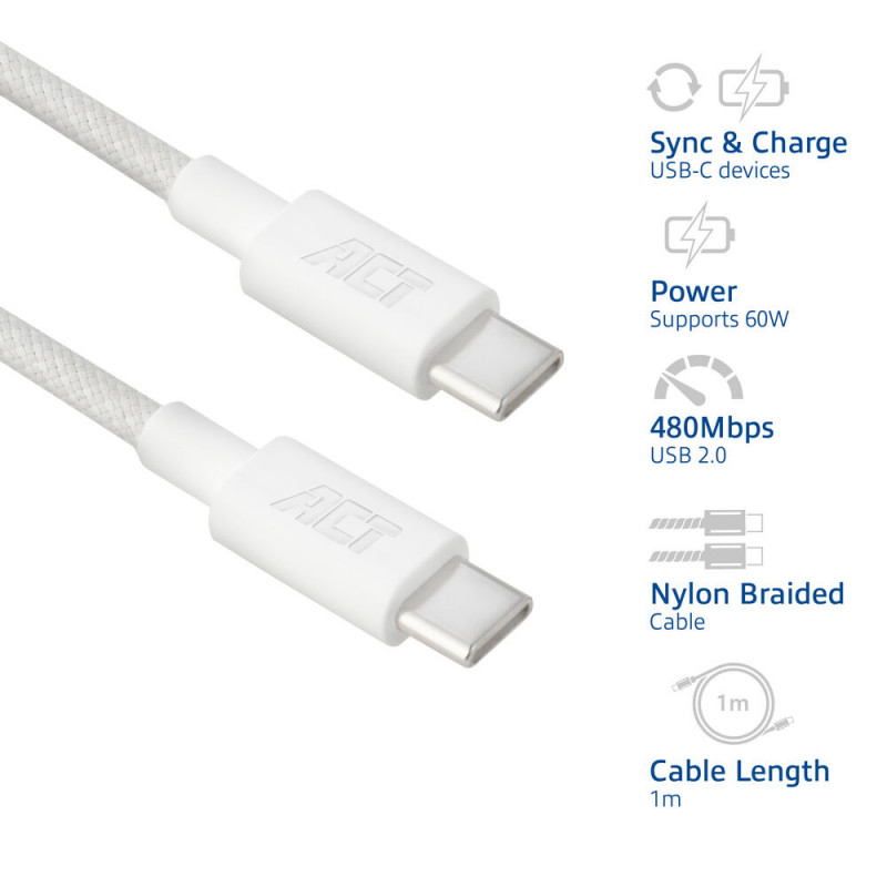 ACT USB 2.0 60W Lade-/Datenkabel USB-C zu USB-C, Weiß, 1 m (AC3080)