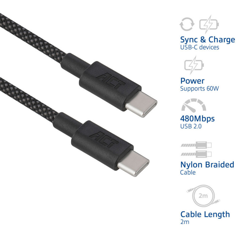 ACT USB 2.0 60W Lade-/Datenkabel USB-C zu USB-C, Schwarz, 2m (AC3083)