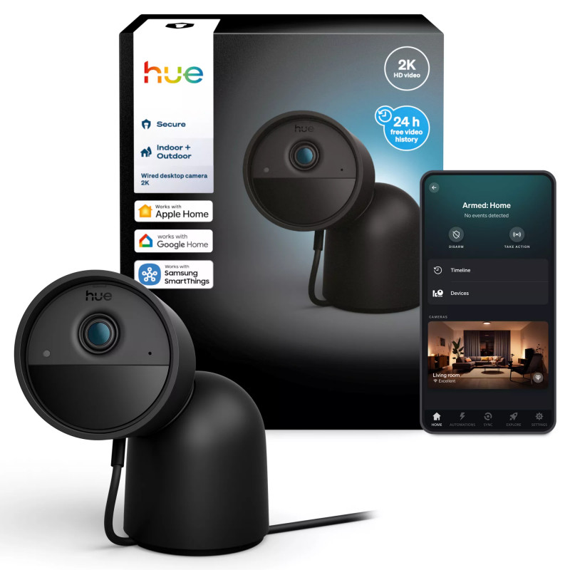 Philips Hue Secure Wired Kamera mit Standfuß, 2K Videoauflösung, Schwarz