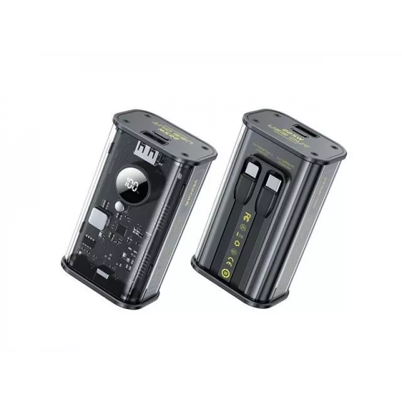 WEKOME WK-WP-345 Vanguard Serie Powerbank, 10000 mAh, integriertes USB-C- und Lightning-Kabel, PD 20 W + QC 22,5 W, Schwarz