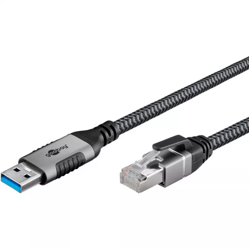 Ethernet-Kabel USB-A 3.2 Gen1 Stecker > RJ-45 Stecker, LAN-Adapter schwarz/Silber, 2 Meter, umflochtene Textilummantelung