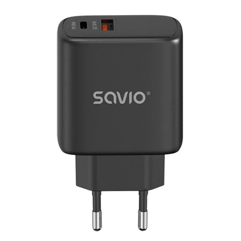 SAVIO LA-06/B 30-W-Wandladegerät, USB-A + USB-C, Quick Charge, Power Delivery 3.0, Schwarz