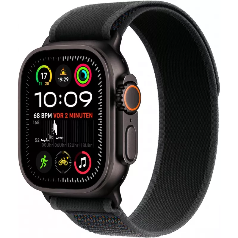 APPLE Watch Ultra 2 GPS + Cellular 49 mm Gehäuse aus schwarzem Titan mit schwarzem Trail Loop – M/L