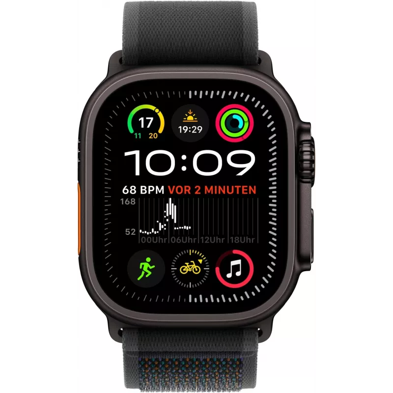 APPLE Watch Ultra 2 GPS + Cellular 49 mm Gehäuse aus schwarzem Titan mit schwarzem Trail Loop – M/L