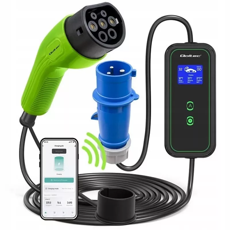 Qoltec Mobile EV Car Charger Adjustable 2in1 Type2 | 7kW | 230V | CEE 3 PIN | Wi-fi| LCD | Portable | Wallbox | 5m