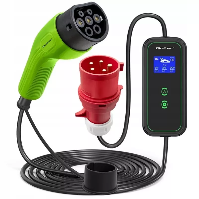Qoltec Mobile EV Car Charger Adjustable 2in1 Type2 | 11kW | CEE 5 PIN | LCD | 3 Phasen | Tragbar | Wallbox | 5m